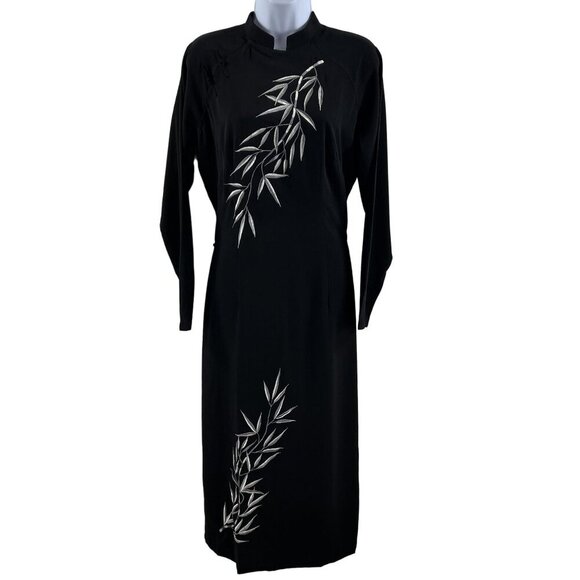 Handmade Silk Maxi S-M Black Mandarin Collar Long Sleeve Bamboo Leaf Embroidered - Picture 1 of 16